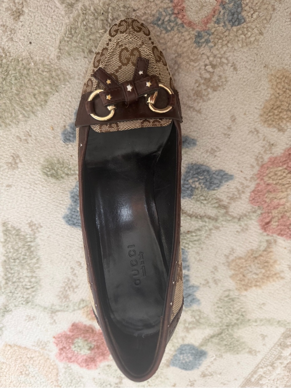 Gucci Brown GG Canvas Leather Trim Pointed Toe Flats with Gold Horsebit size 6 - Picture 3 of 8
